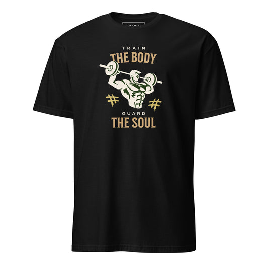“Christian graphic tee in black – Train Your Body, Guard Your Soul design – Zyora Apparel”