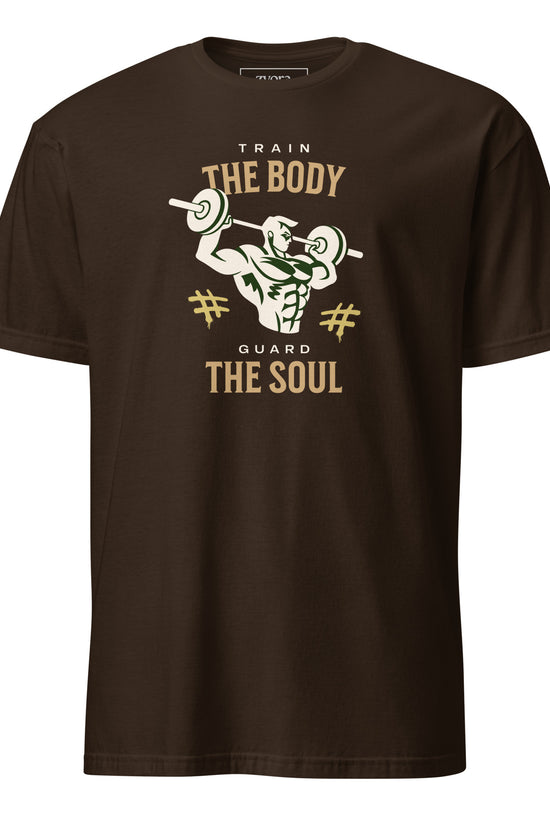 “Christian graphic tee in dark chocolate – Train Your Body, Guard Your Soul design – Zyora Apparel”