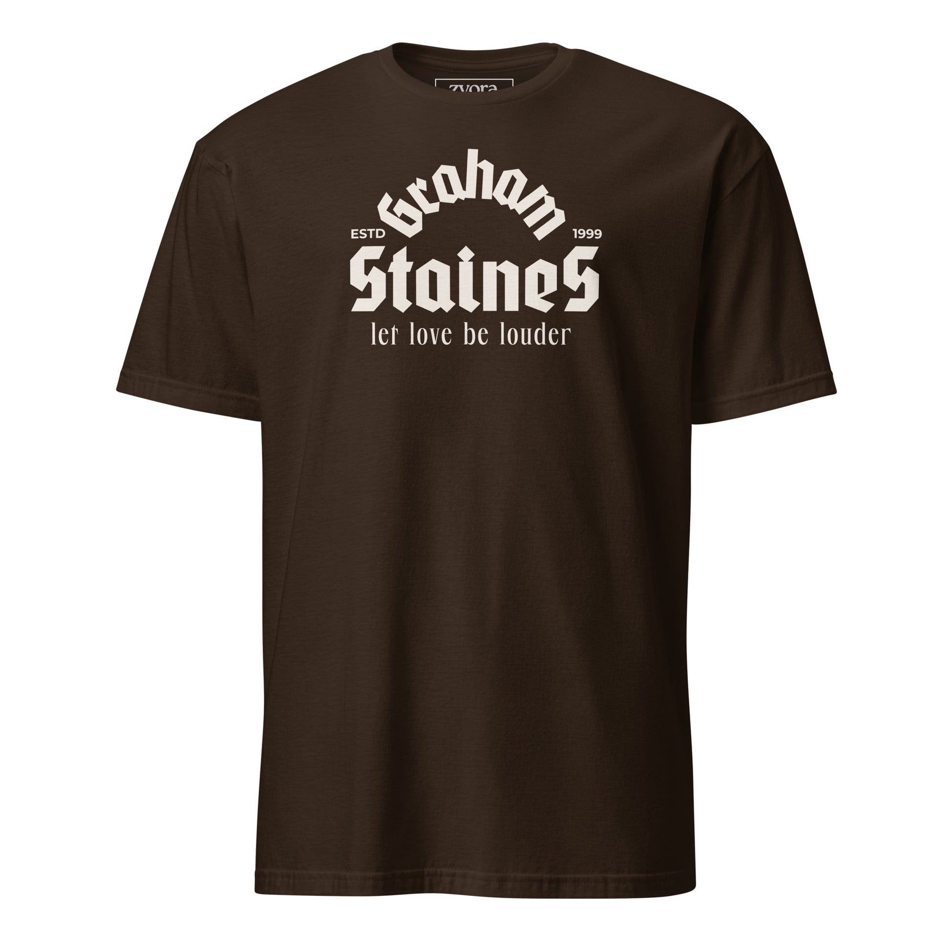 “Graham Staines – Let Love Be Louder” Christian Dark Chocolate graphic tee, inspired by 1 Corinthians 13:13. Faith-based gift, scripture-inspired apparel for men and women.