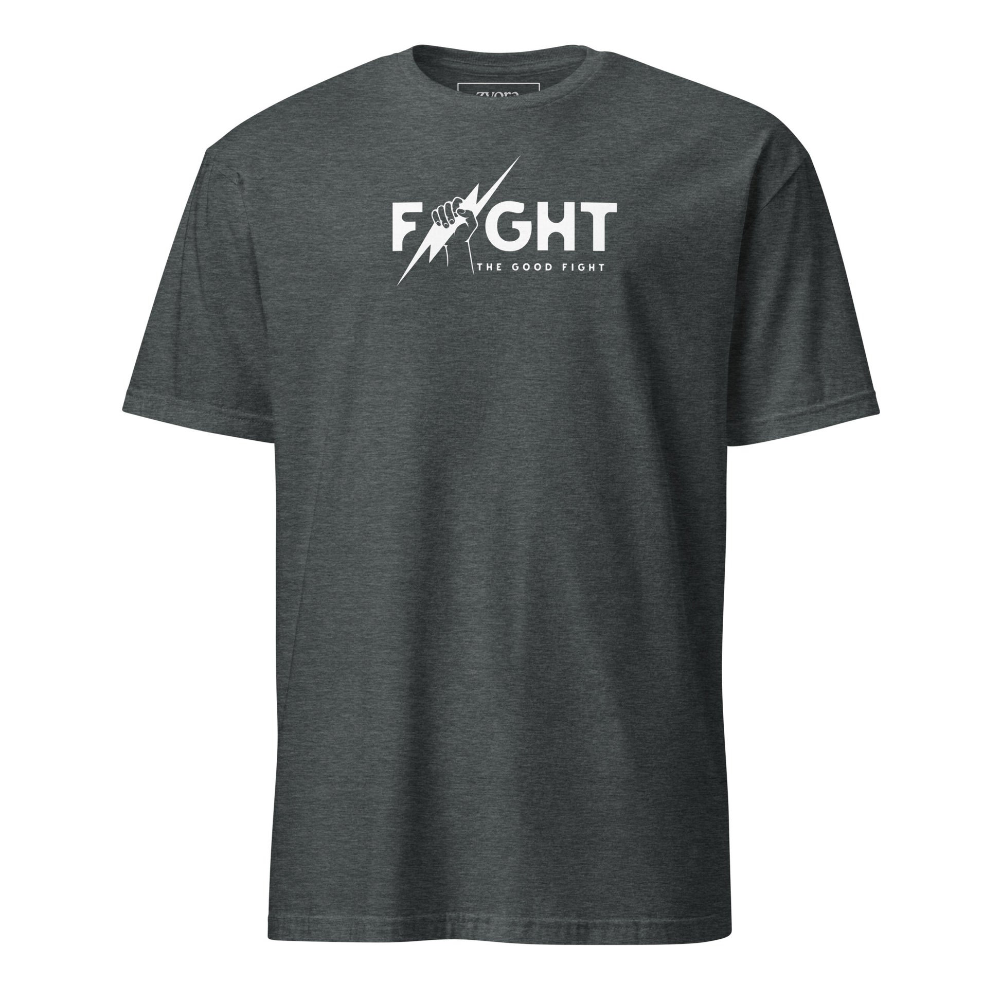 "Fight the Good Fight" Christian dark Heather  graphic tee with 1 Timothy 6:12 scripture design. Faith-based apparel, bold Christian gift, unisex lifestyle shirt.