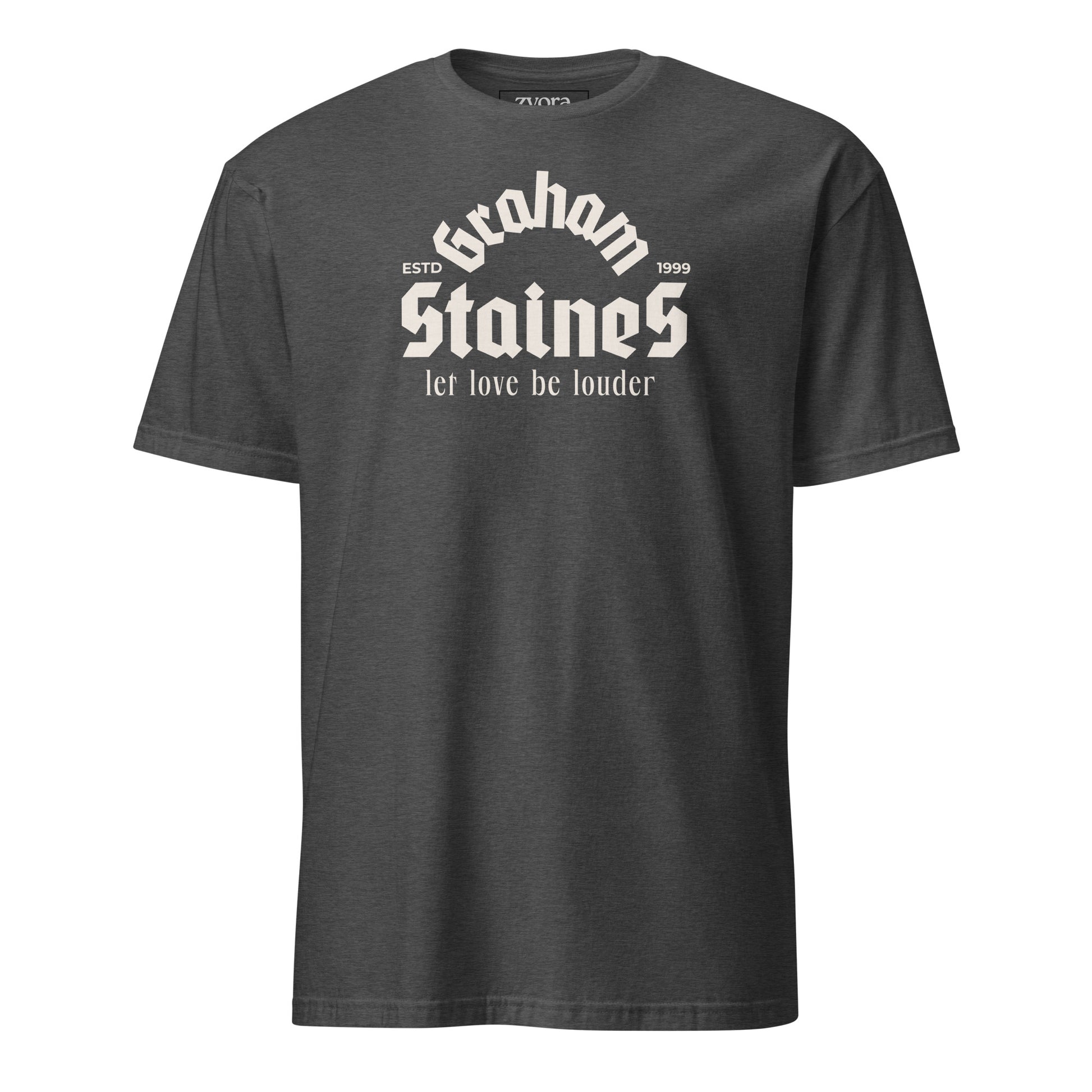 “Graham Staines – Let Love Be Louder” Christian Heather Grey graphic tee, inspired by 1 Corinthians 13:13. Faith-based gift, scripture-inspired apparel for men and women.
