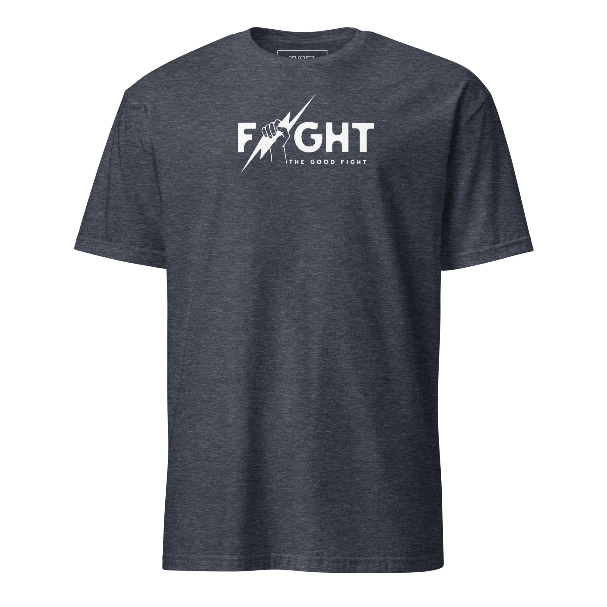 "Fight the Good Fight" Christian Navy Heather graphic tee with 1 Timothy 6:12 scripture design. Faith-based apparel, bold Christian gift, unisex lifestyle shirt.