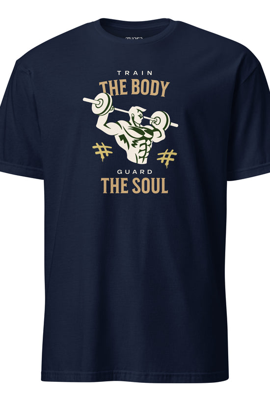 “Christian graphic tee in blue – Train Your Body, Guard Your Soul design – Zyora Apparel”