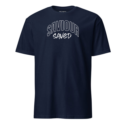 Unisex regular Navy Christian tee with “Saviour Saved” design – faith-based fashion and gift by Zyora Apparel.
