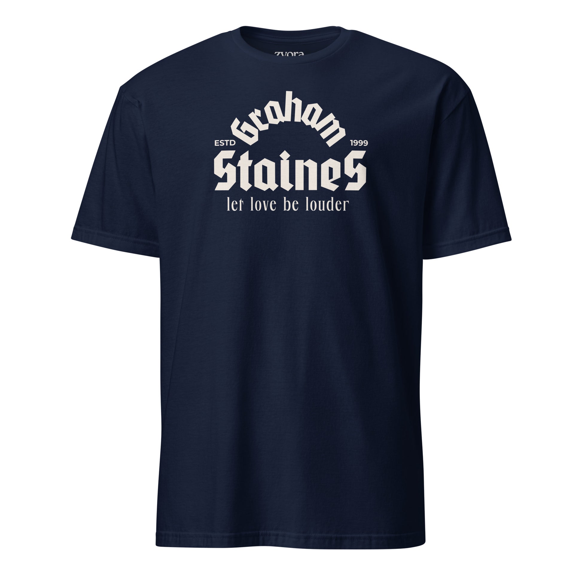 Graham Staines – Let Love Be Louder” Christian Navy graphic tee, inspired by 1 Corinthians 13:13. Faith-based gift, scripture-inspired apparel for men and women.