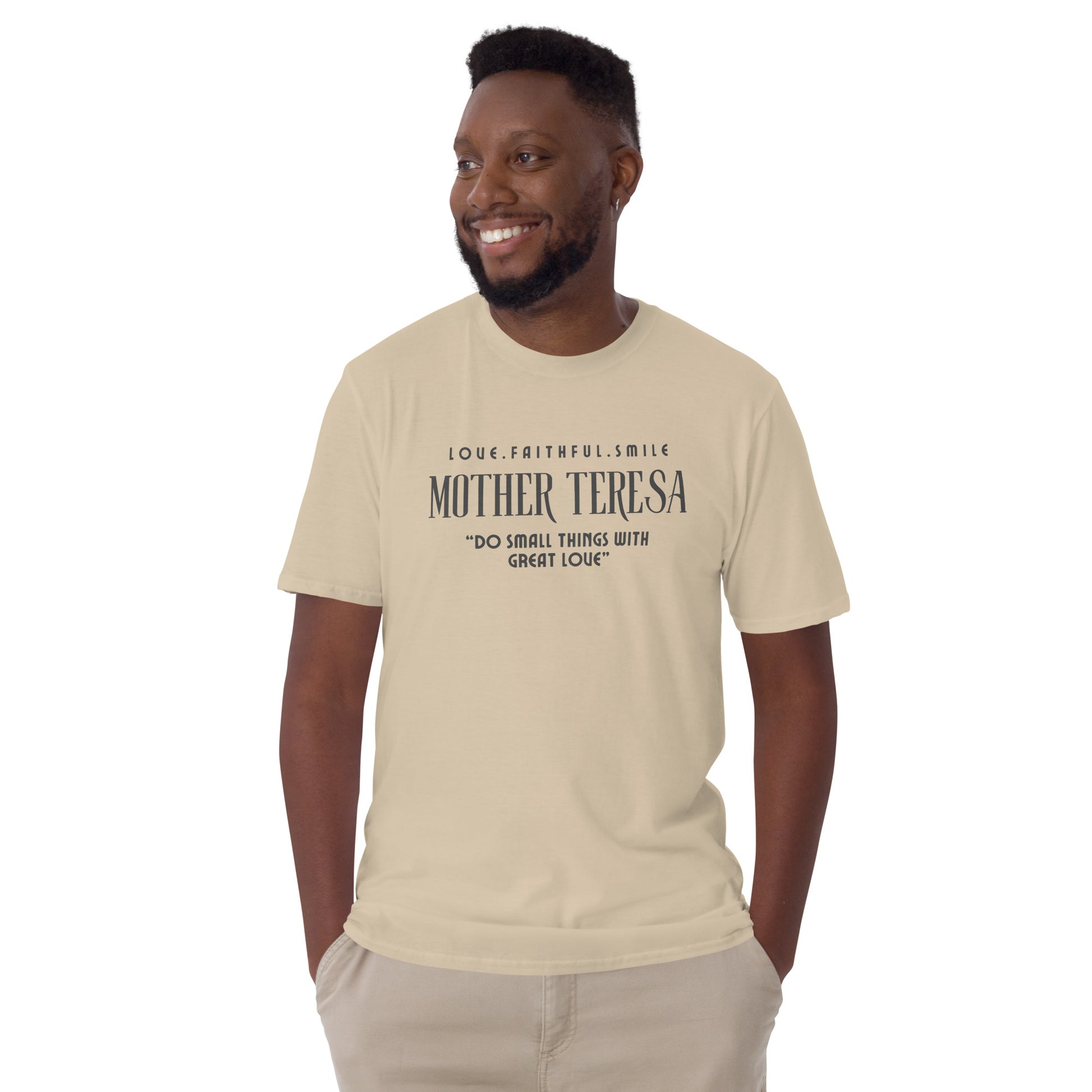 Model wearing Zyora Apparel Regular Tee with Mother Teresa inspired design “Do Small Things with Great Love” – casual Christian t-shirt for everyday faith wear.