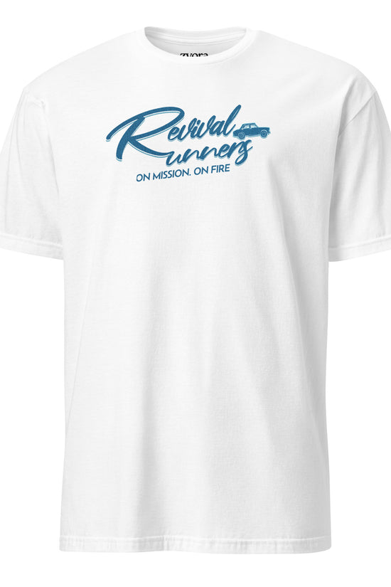 Revival Runners Christian t-shirt with On Mission, On Fire text, inspired by 1 Corinthians 9:24 and Romans 12:11