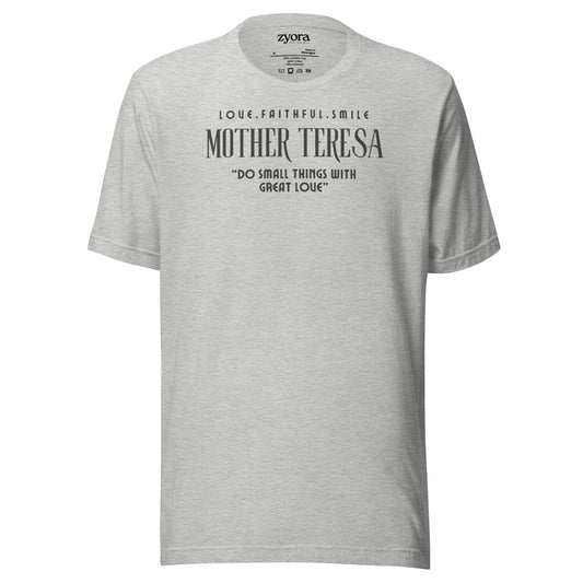 Model wearing Zyora Apparel Regular Tee with Mother Teresa inspired design “Do Small Things with Great Love” – casual Christian t-shirt for everyday faith wear.