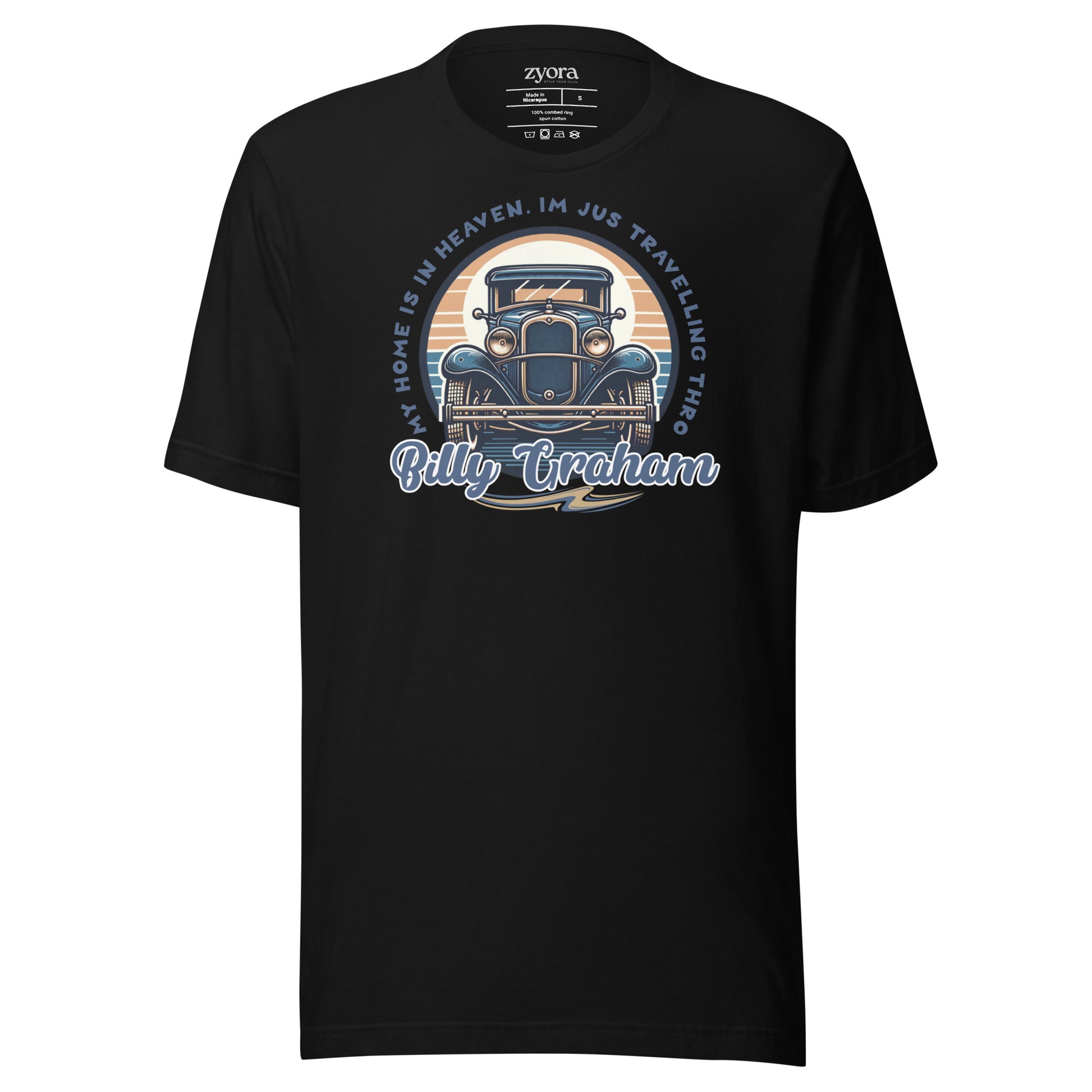 Regular missionary Christian tee Black with Billy Graham quote “My Home is in Heaven, I’m Just Travelling Through” – Zyora Apparel.