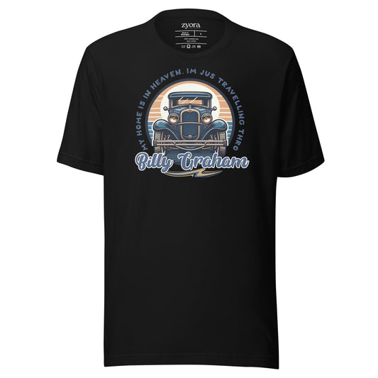 Regular missionary Christian tee Black with Billy Graham quote “My Home is in Heaven, I’m Just Travelling Through” – Zyora Apparel.
