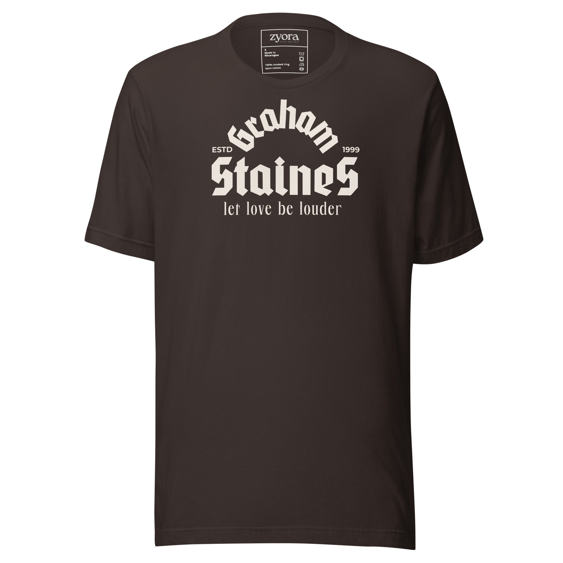 “Graham Staines – Let Love Be Louder” Christian Brown graphic tee, inspired by 1 Corinthians 13:13. Faith-based gift, scripture-inspired apparel for men and women.