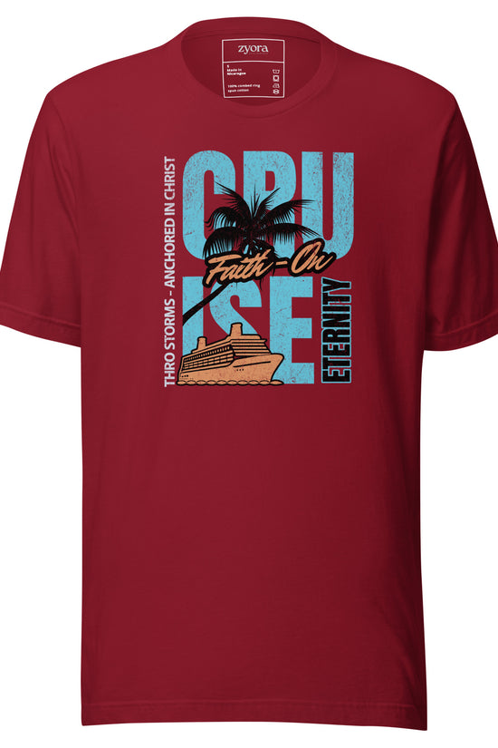 “Premium Anchored in Christ Christian graphic tee in cardinal – Cruise Through Storms Eternity Design – Zyora Apparel”