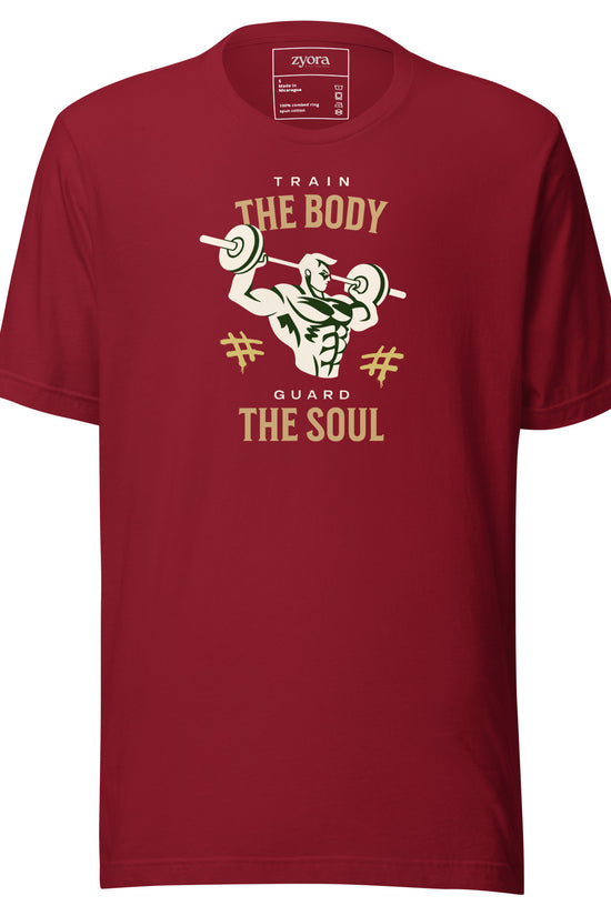 Unisex premium Cardinal Christian tee with “Train Your Body Guard Your Soul” design – faith-based fashion and gift by Zyora Apparel.