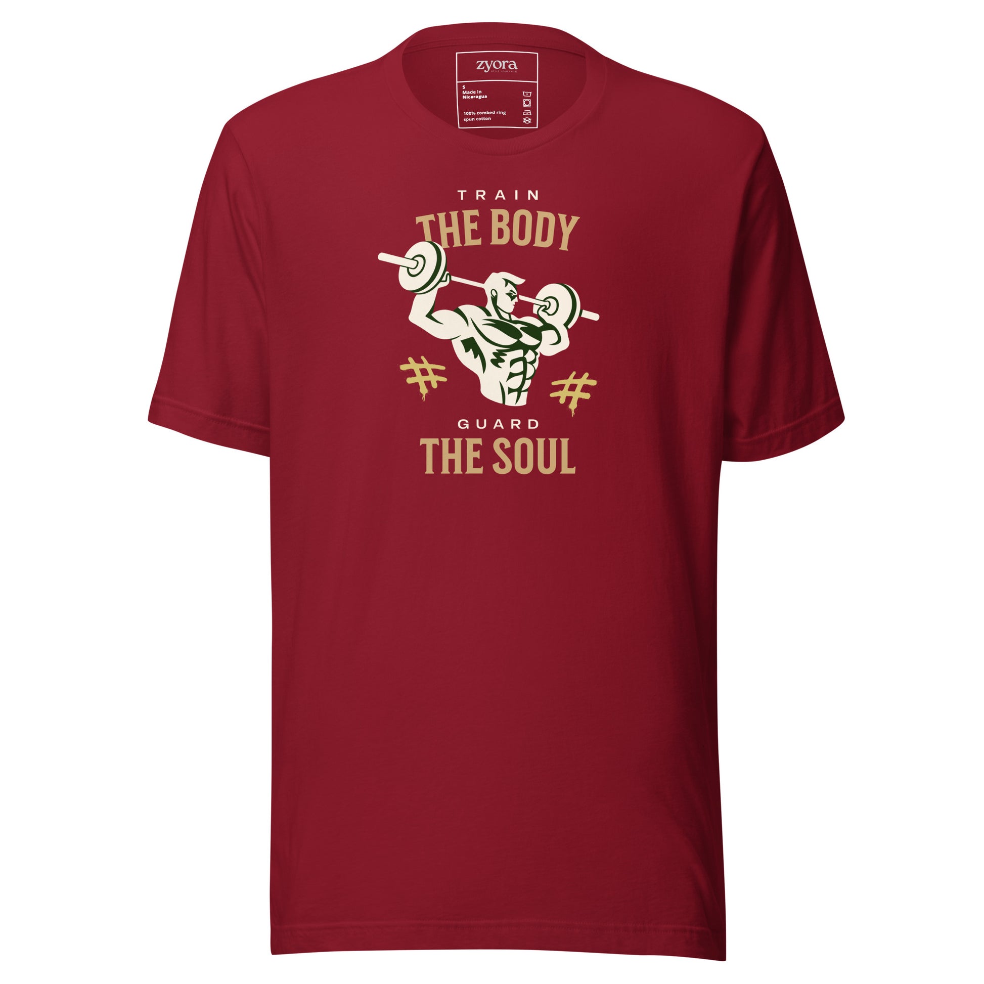 Unisex premium Cardinal Christian tee with “Train Your Body Guard Your Soul” design – faith-based fashion and gift by Zyora Apparel.