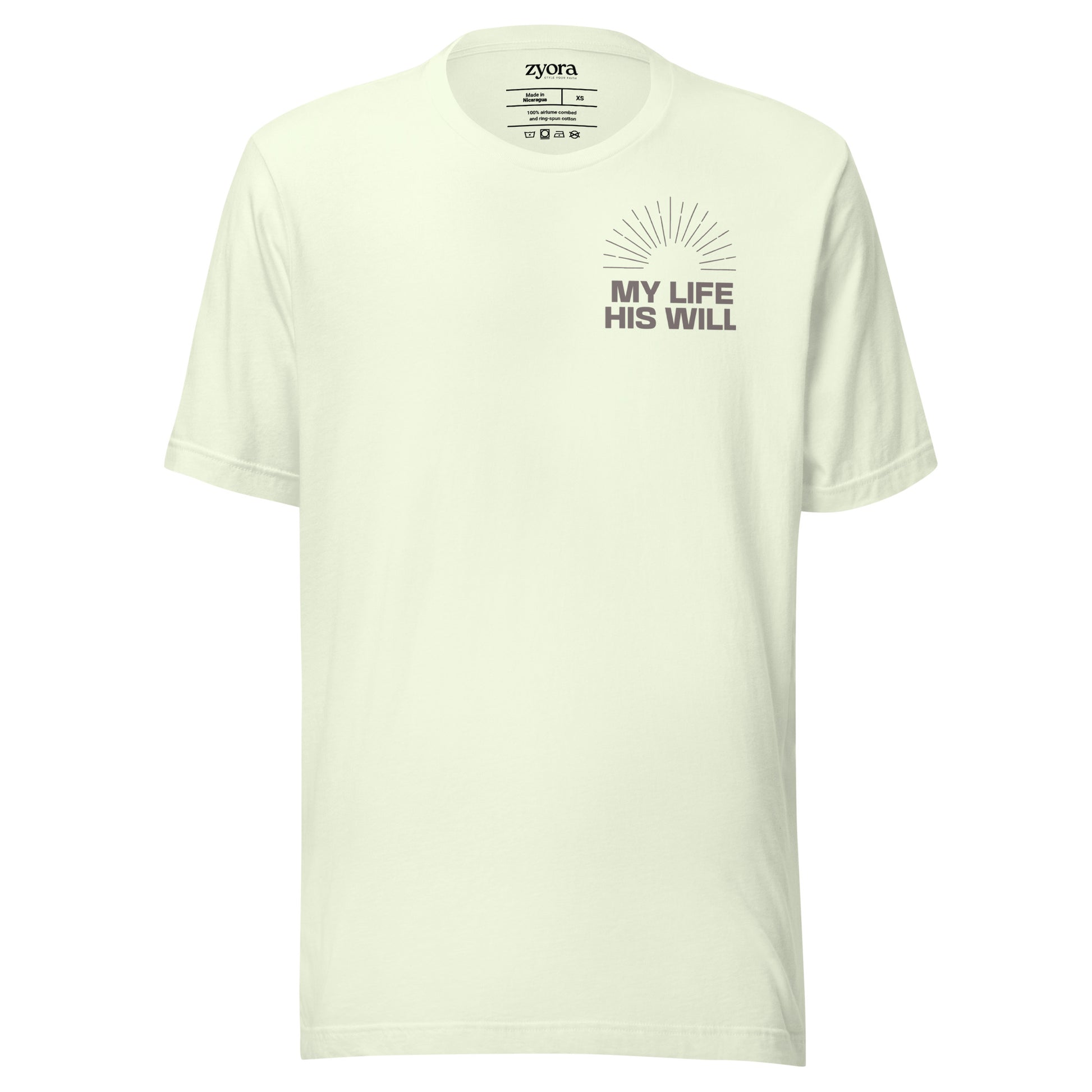 Unisex premium Citron Christian tee with “My Life His Will” design – faith-based fashion and gift by Zyora Apparel.
