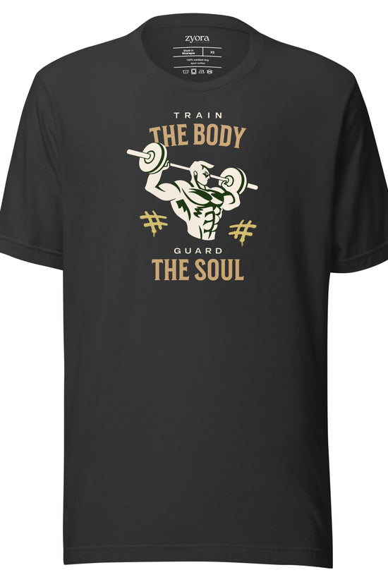 Unisex premium Dark Grey Christian tee with “Train Your Body Guard Your Soul” design – faith-based fashion and gift by Zyora Apparel.