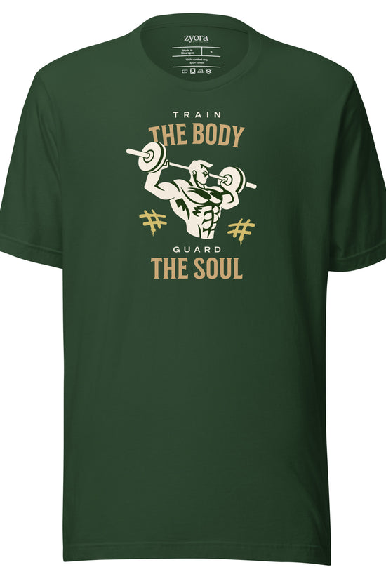 Unisex premium Forest Christian tee with “Train Your Body Guard Your Soul” design – faith-based fashion and gift by Zyora Apparel.