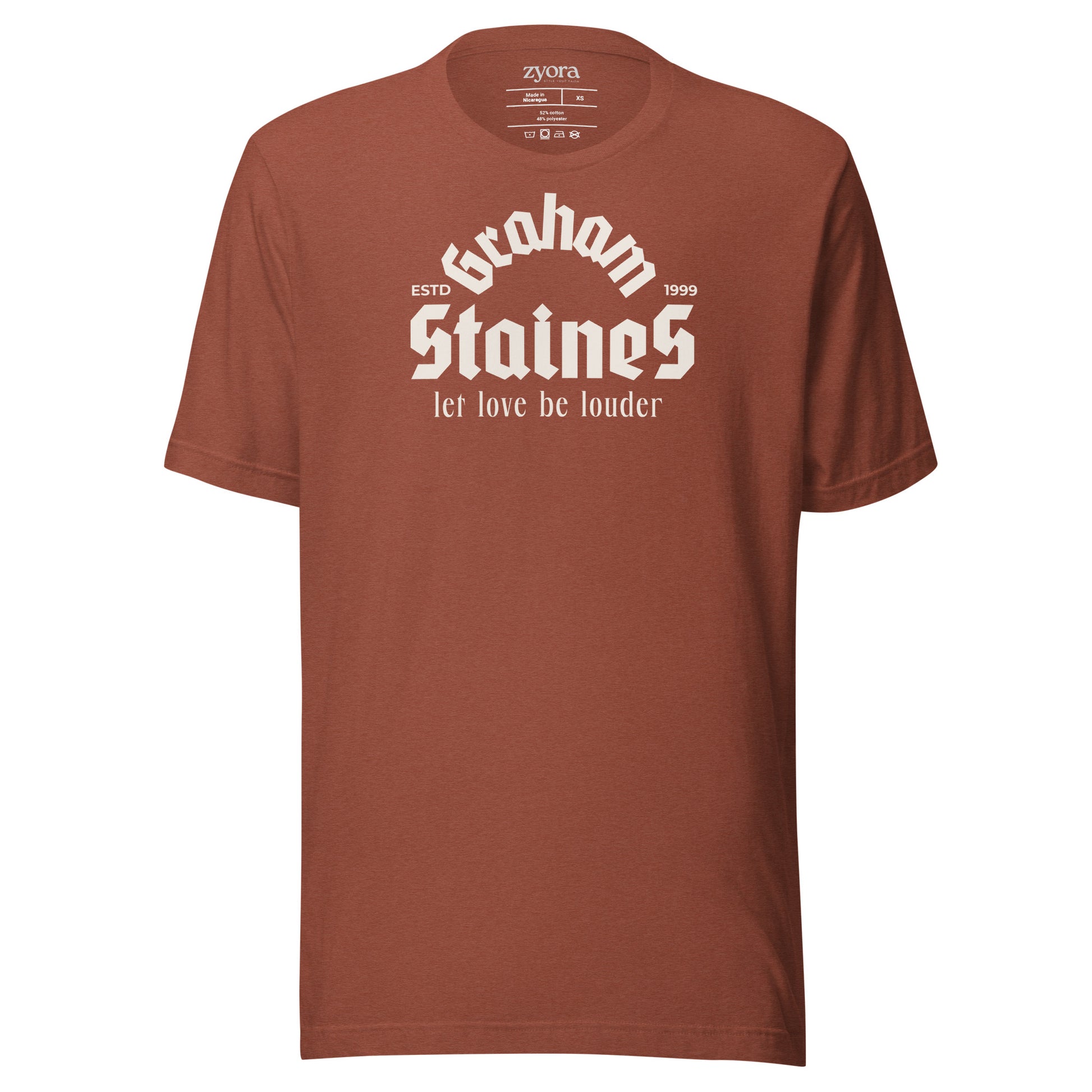 “Graham Staines – Let Love Be Louder” Christian Heather Clay graphic tee, inspired by 1 Corinthians 13:13. Faith-based gift, scripture-inspired apparel for men and women.