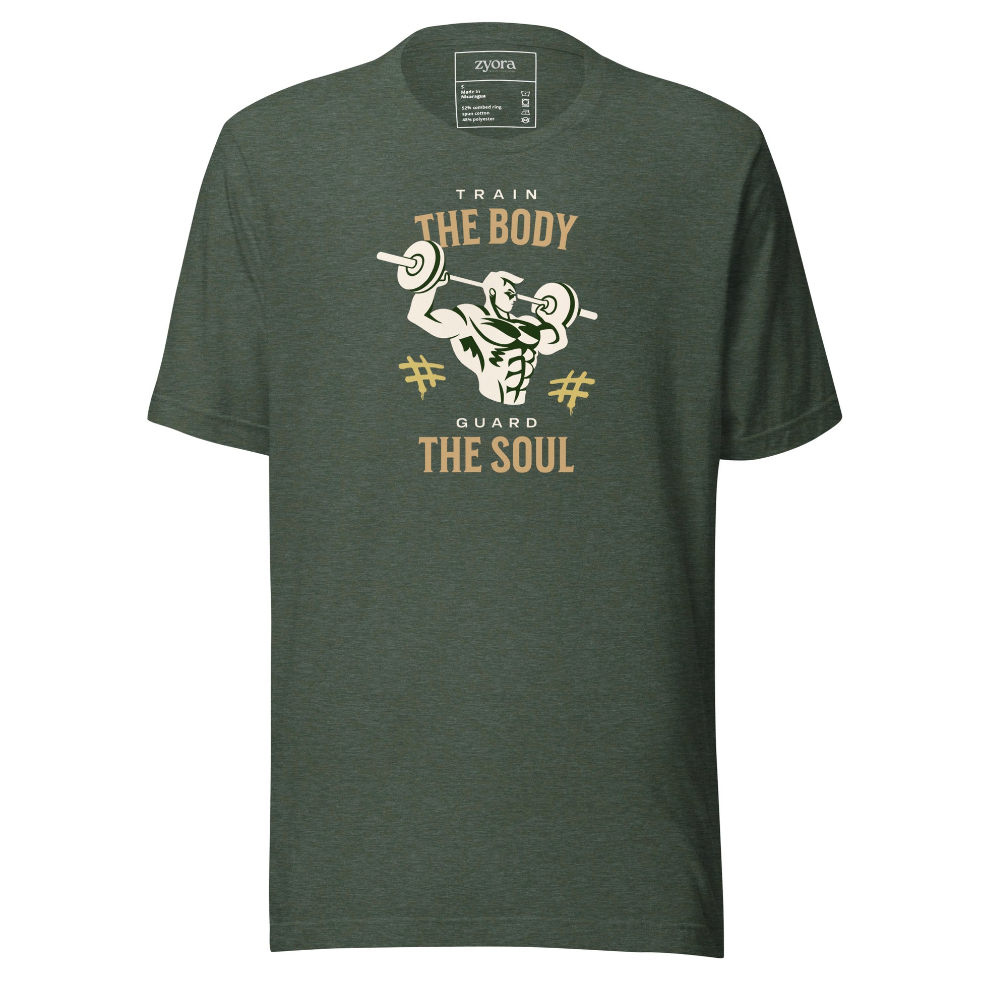 Unisex premium Heather Forest Christian tee with “Train Your Body Guard Your Soul” design – faith-based fashion and gift by Zyora Apparel.