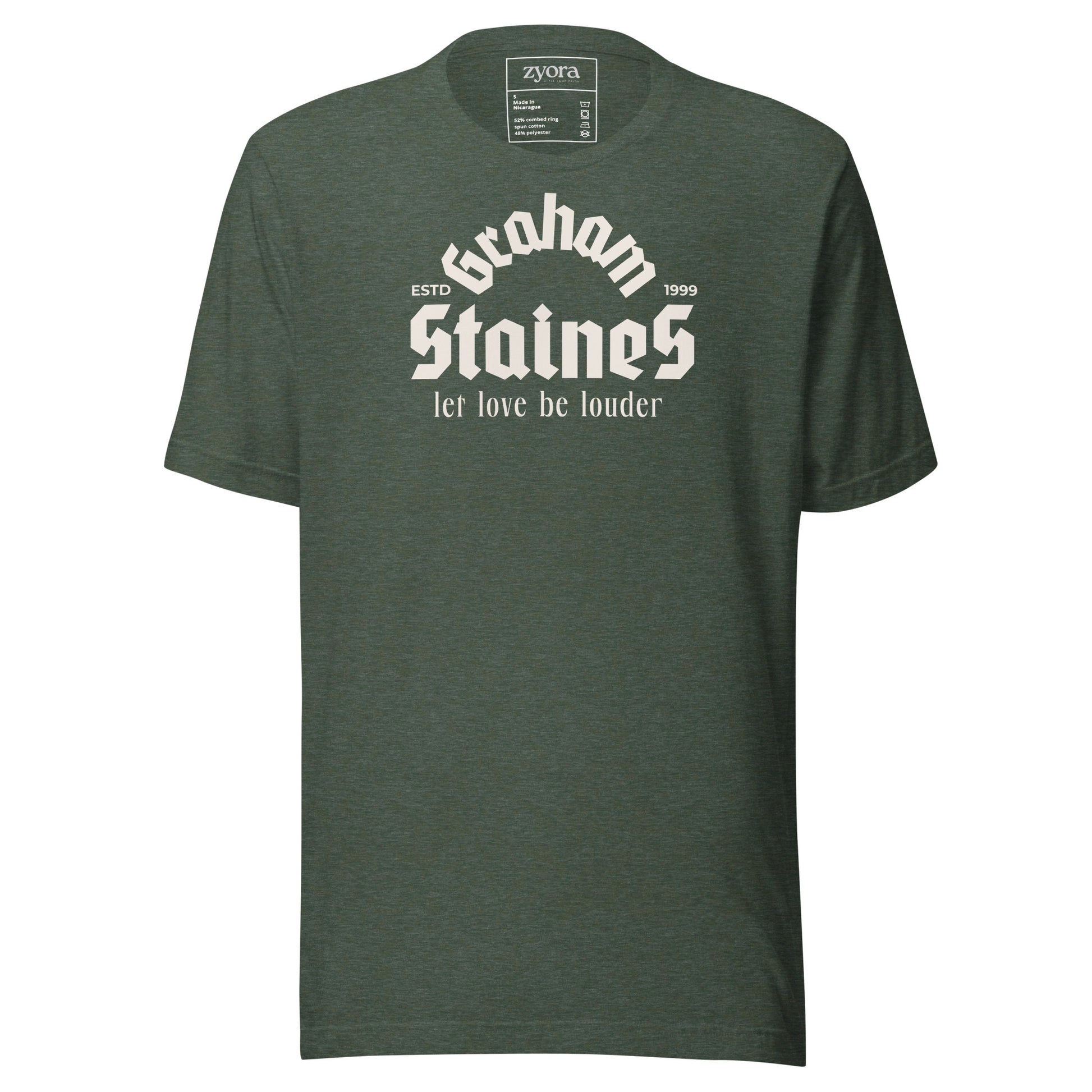 “Graham Staines – Let Love Be Louder” Christian Forest Heather graphic tee, inspired by 1 Corinthians 13:13. Faith-based gift, scripture-inspired apparel for men and women.