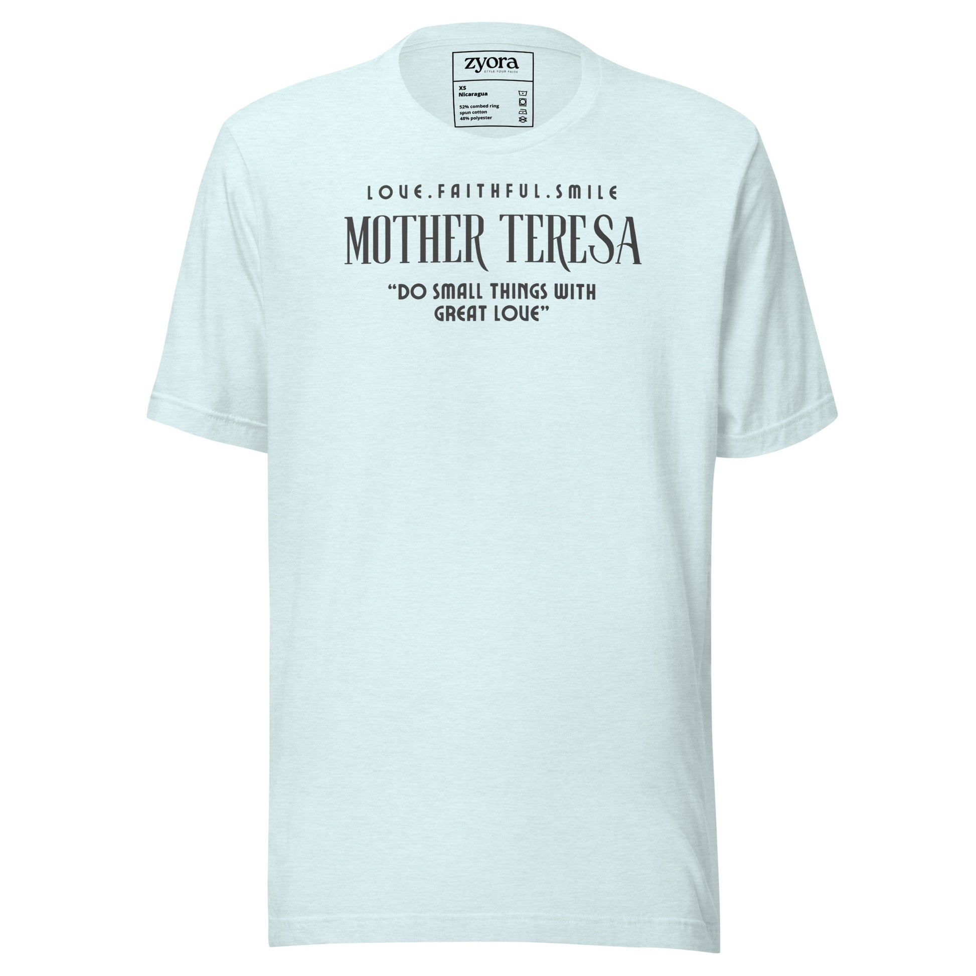 Zyora Apparel heather ice Premium Tee featuring Mother Teresa quote “Do Small Things with Great Love” – inspirational Christian streetwear design.
