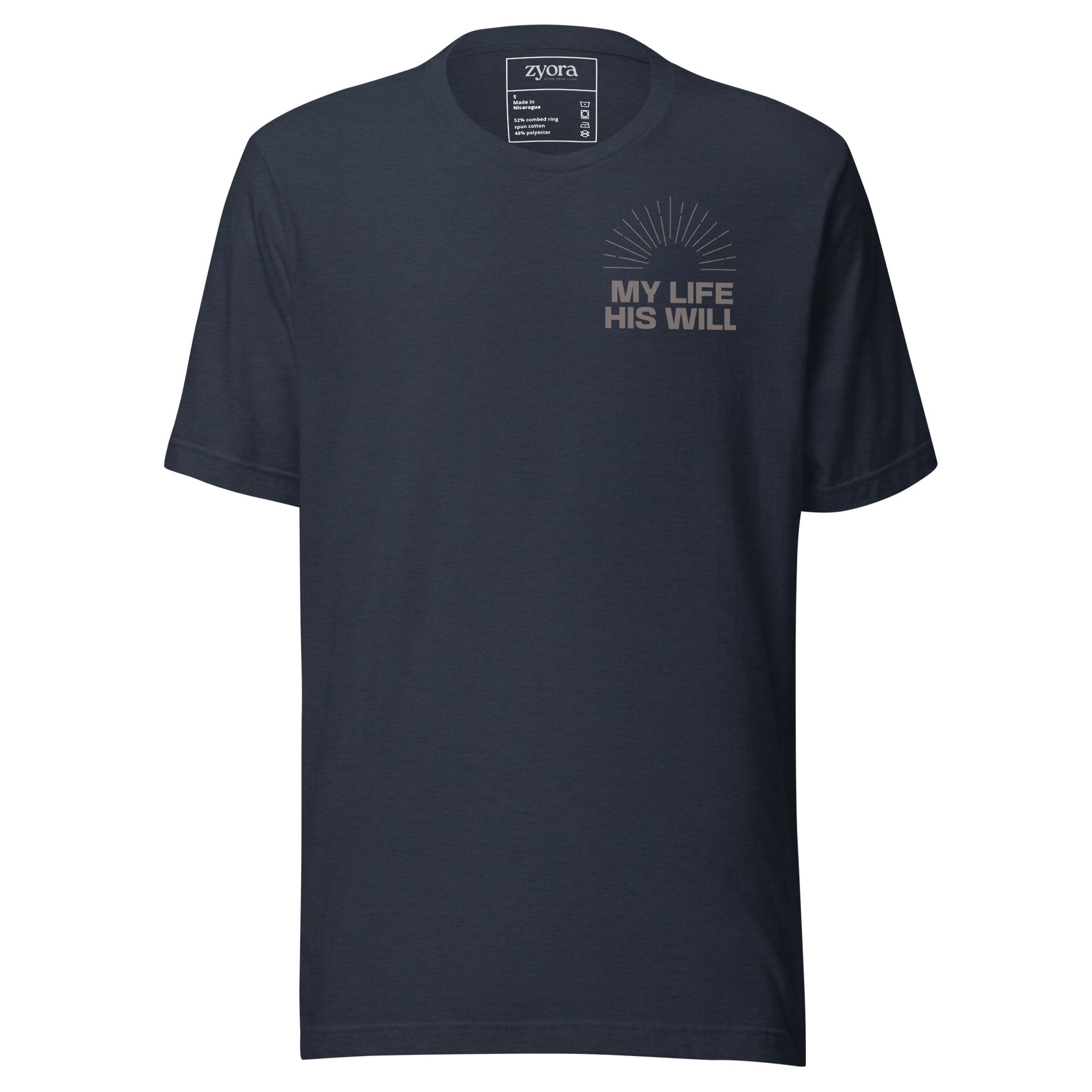 Unisex premium Heather Navy Christian tee with “My Life His Will” design – faith-based fashion and gift by Zyora Apparel.