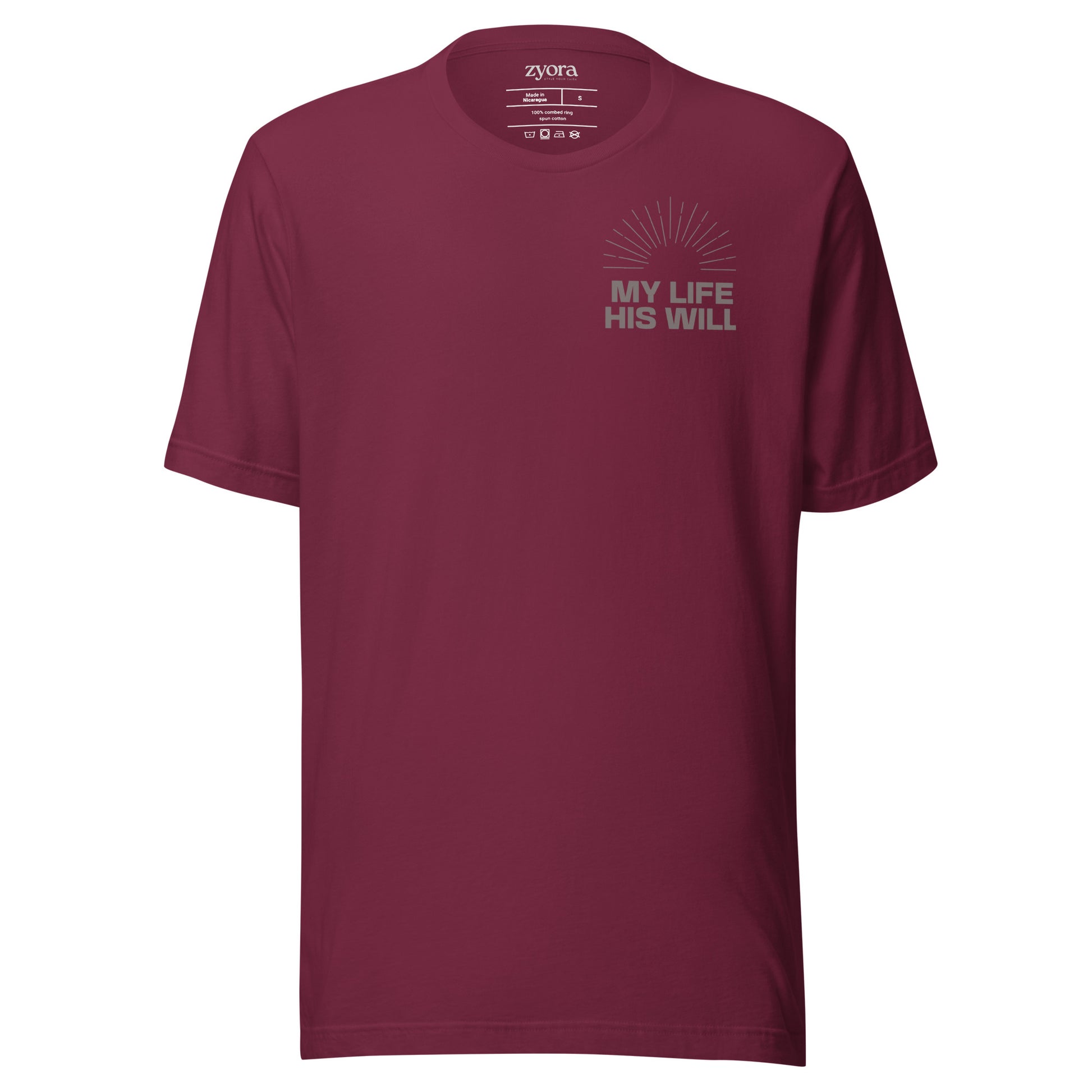 Unisex premium Maroon Christian tee with “My Life His Will” design – faith-based fashion and gift by Zyora Apparel.