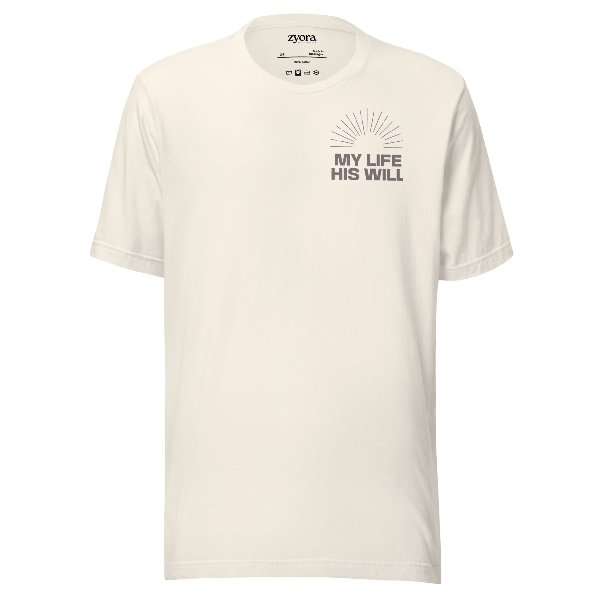 Unisex premium Christian tee vintage white with “My Life His Will” design – faith-based fashion and gift by Zyora Apparel.