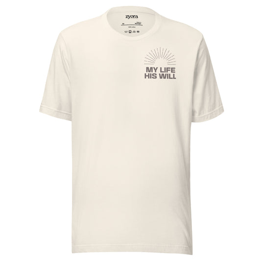 Unisex premium Christian tee vintage white with “My Life His Will” design – faith-based fashion and gift by Zyora Apparel.