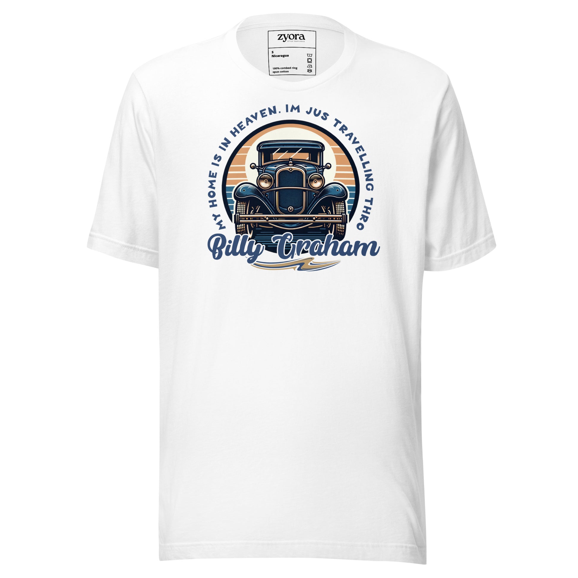 Regular missionary White Christian tee with Billy Graham quote “My Home is in Heaven, I’m Just Travelling Through” – Zyora Apparel.