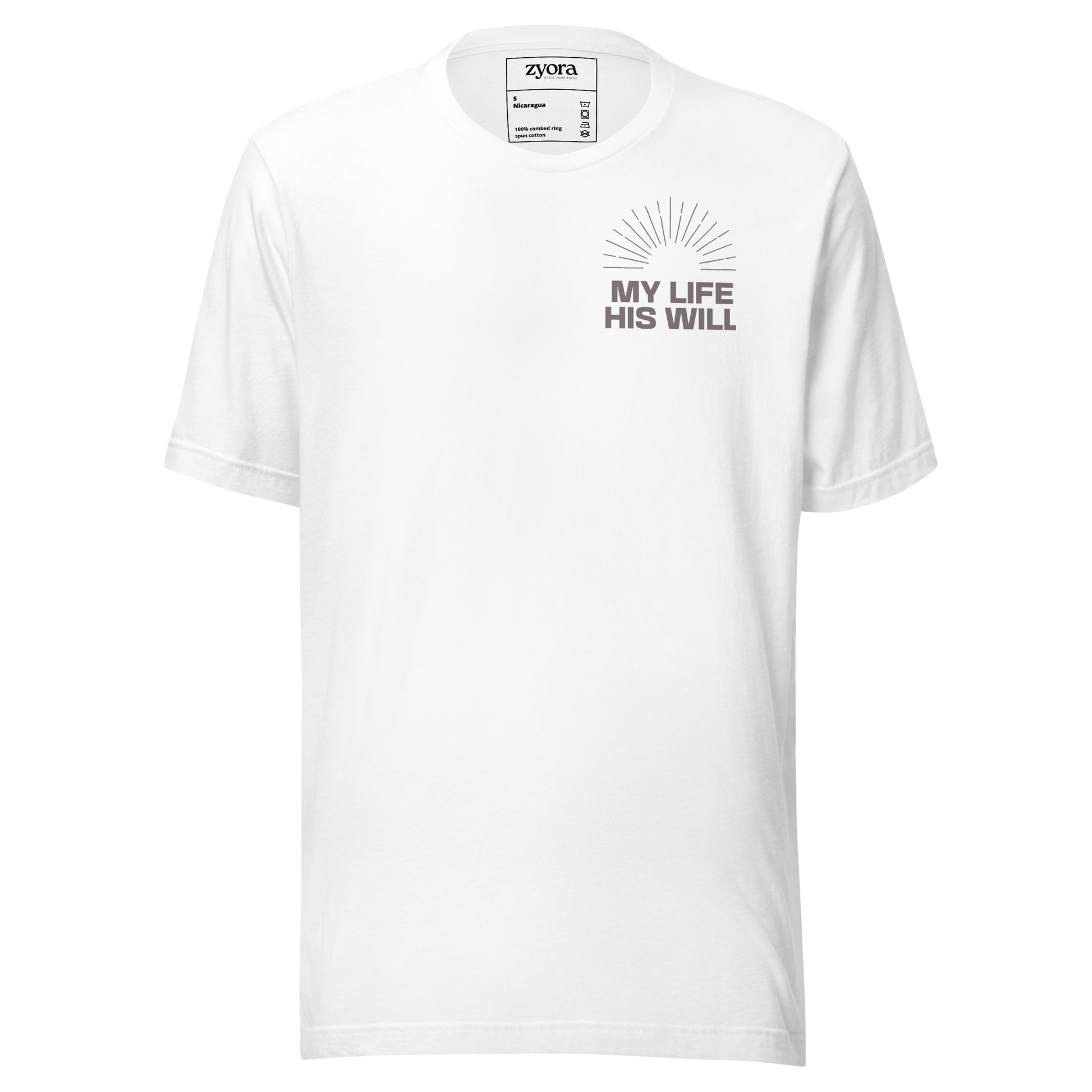 Unisex premium White Christian tee with “My Life His Will” design – faith-based fashion and gift by Zyora Apparel.